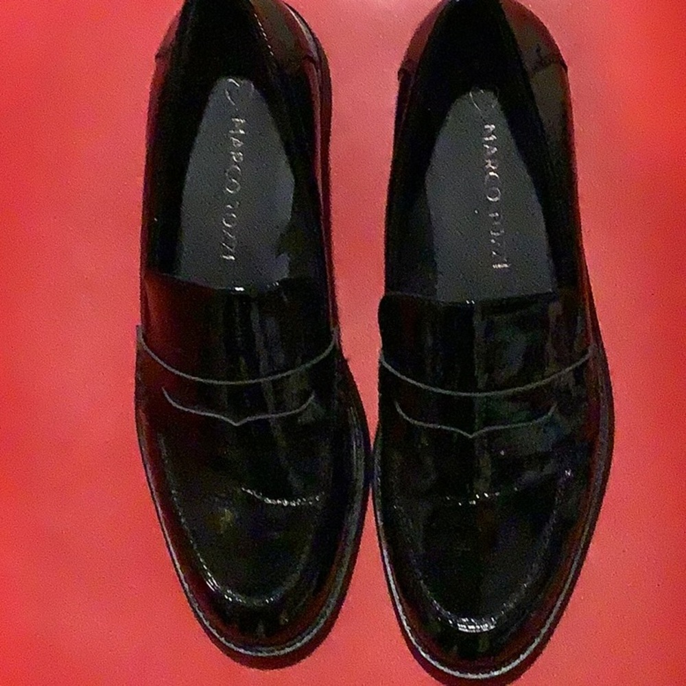 Black patent penny loafers